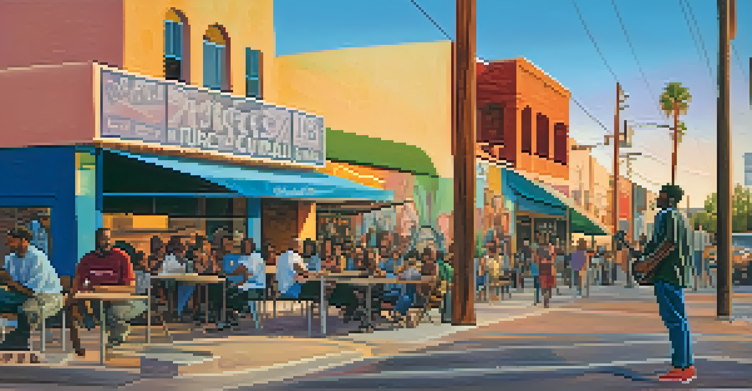 A musician playing guitar on a street in Tucson, surrounded by colorful murals about justice and unity, with people gathered around in an evening setting.