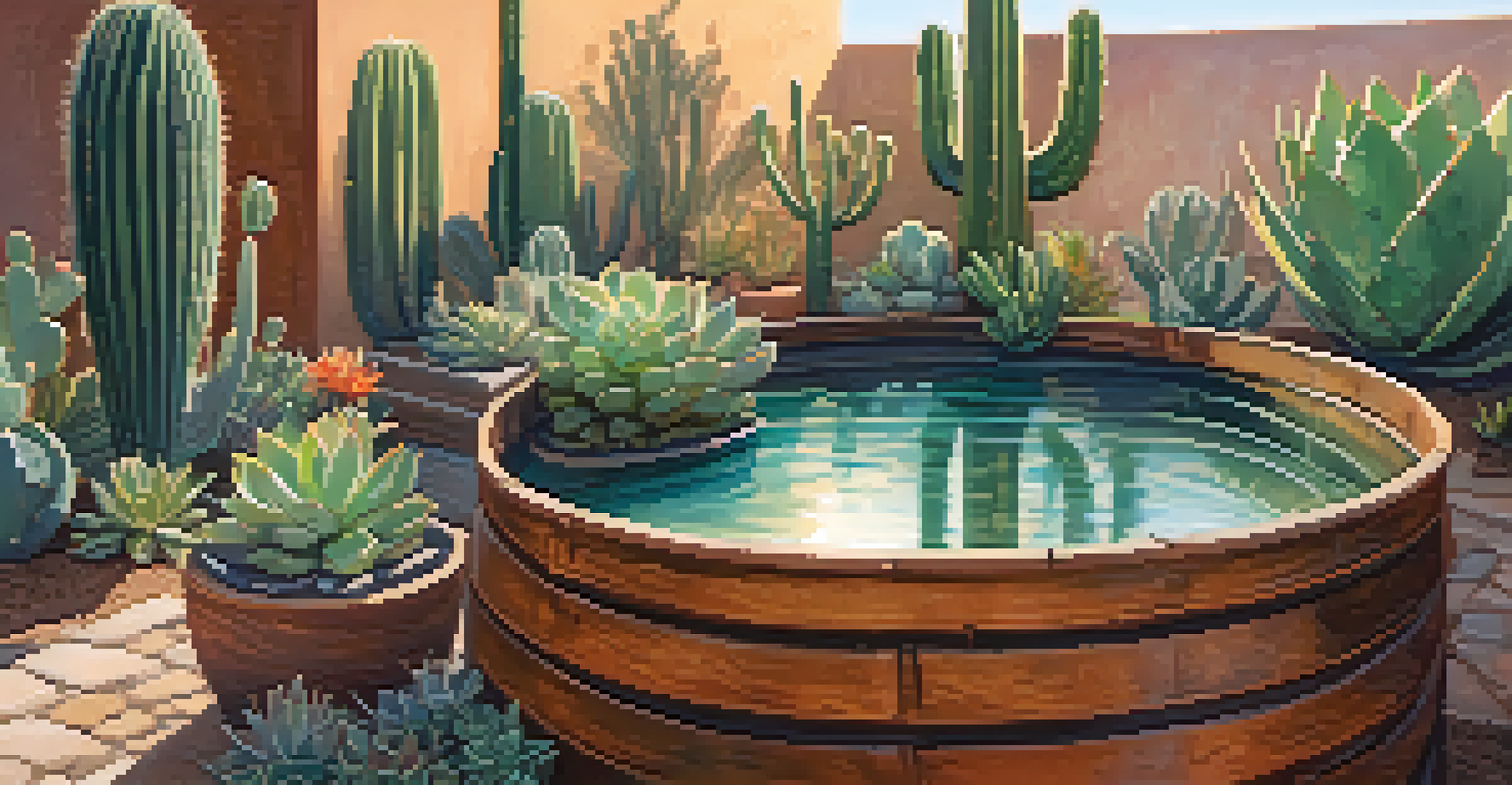 A rainwater harvesting system in an urban garden with plants and sunlight reflections.