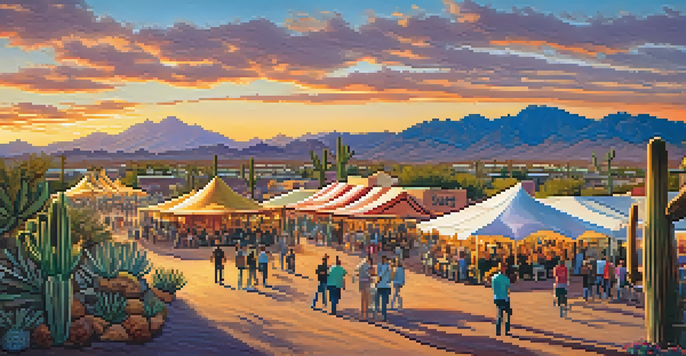 An outdoor festival scene during sunset with filmmakers presenting films and local food vendors, set against a desert backdrop.