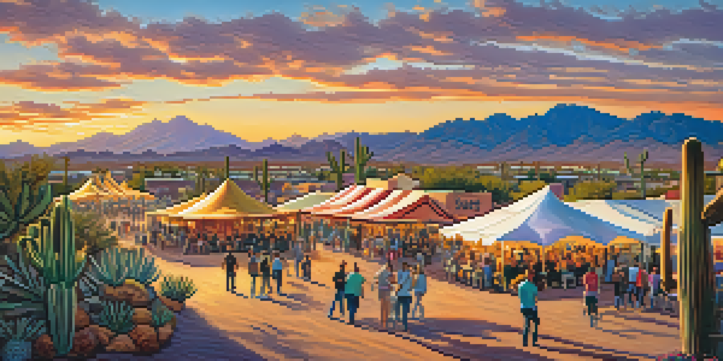 An outdoor festival scene during sunset with filmmakers presenting films and local food vendors, set against a desert backdrop.