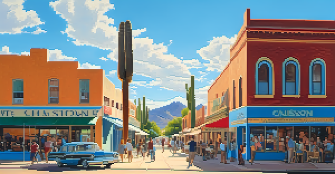 A lively street scene in Tucson featuring historic adobe buildings from the 1960s, with residents participating in community activities under a bright blue sky.