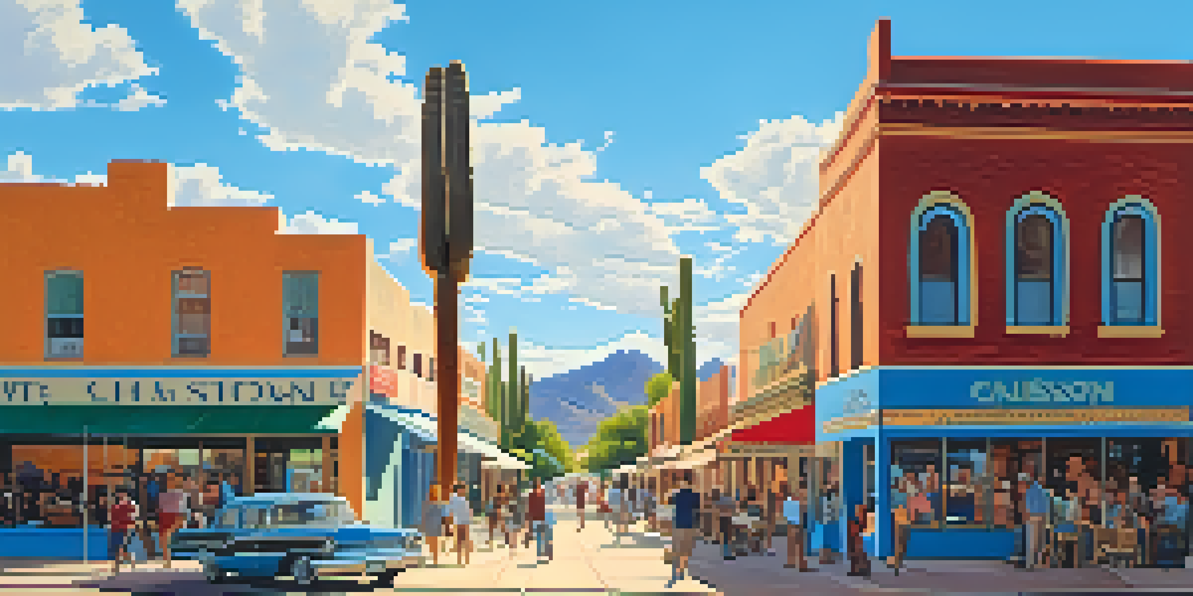 A lively street scene in Tucson featuring historic adobe buildings from the 1960s, with residents participating in community activities under a bright blue sky.
