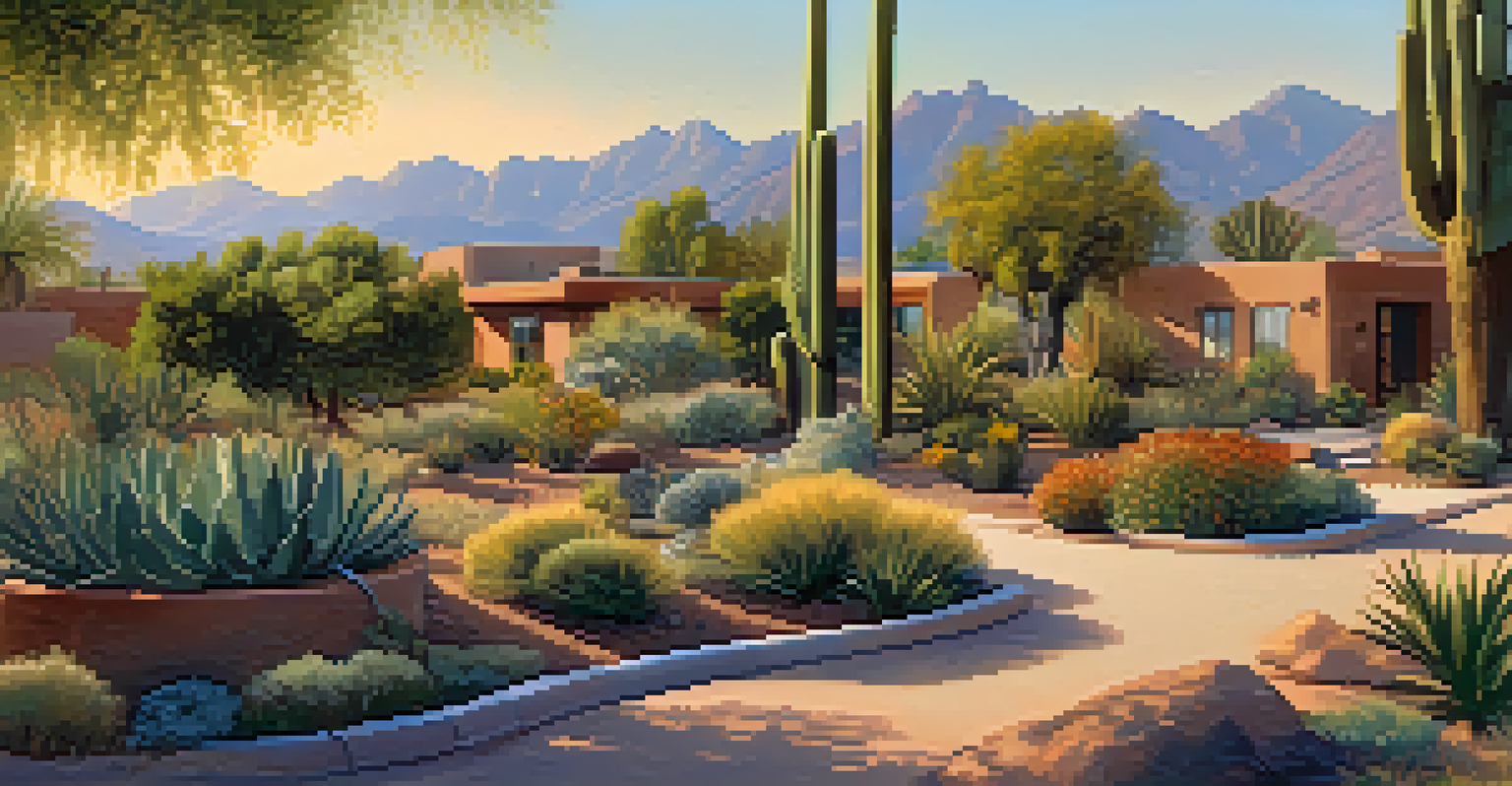 A Tucson neighborhood showcasing smart irrigation systems in gardens, with automated sprinklers and healthy plants under the warm afternoon sun.