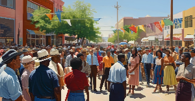 A historical community gathering in Tucson featuring diverse individuals discussing civil rights, with colorful banners and historic buildings in the background.