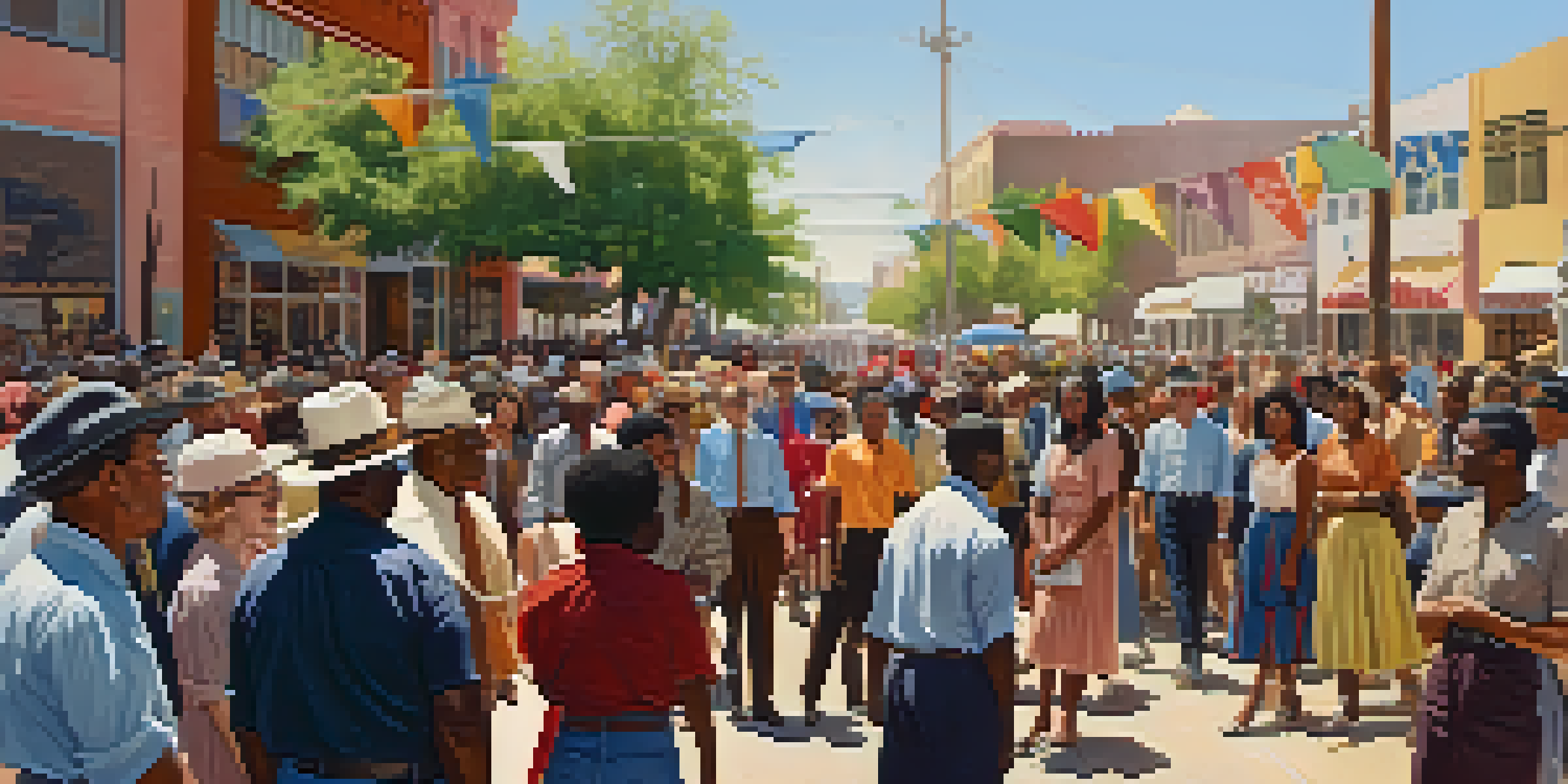 A historical community gathering in Tucson featuring diverse individuals discussing civil rights, with colorful banners and historic buildings in the background.