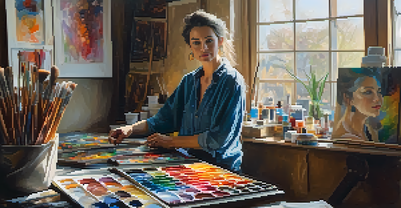 A woman artist in her studio mixing paints, surrounded by her colorful paintings and tools, with natural light coming through a window.