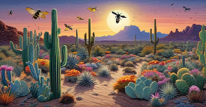 A colorful depiction of pollinators in the Sonoran Desert, including bees, butterflies, and a bat, with blooming cacti and a sunset sky.