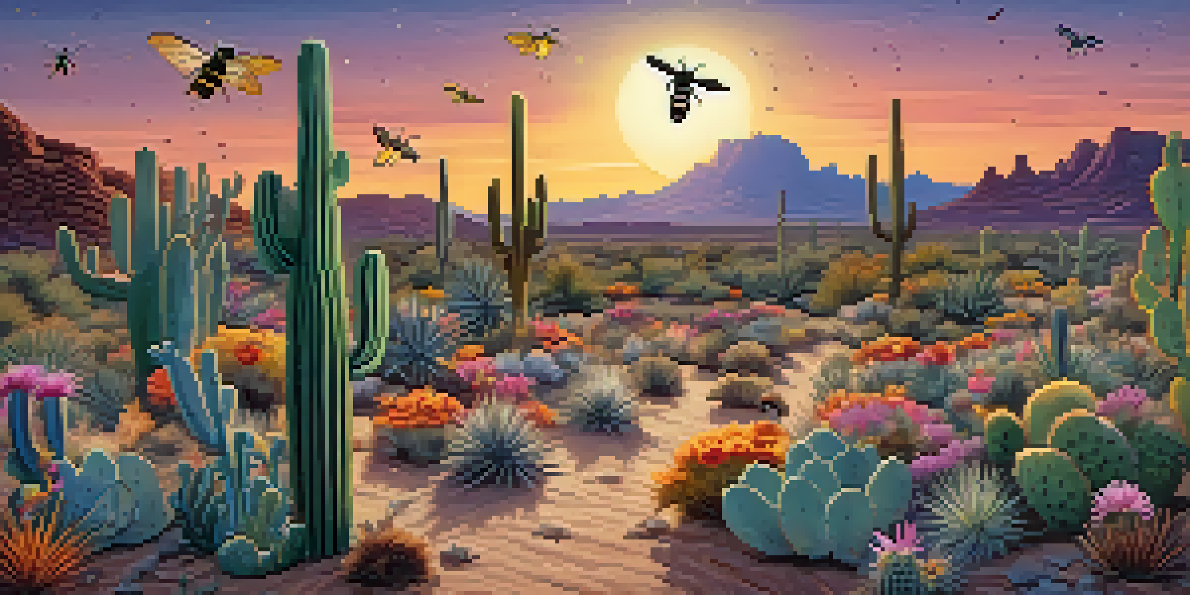A colorful depiction of pollinators in the Sonoran Desert, including bees, butterflies, and a bat, with blooming cacti and a sunset sky.