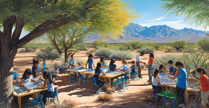 Students in an outdoor classroom in Tucson conducting a science experiment surrounded by colorful plants and a sunny desert landscape.