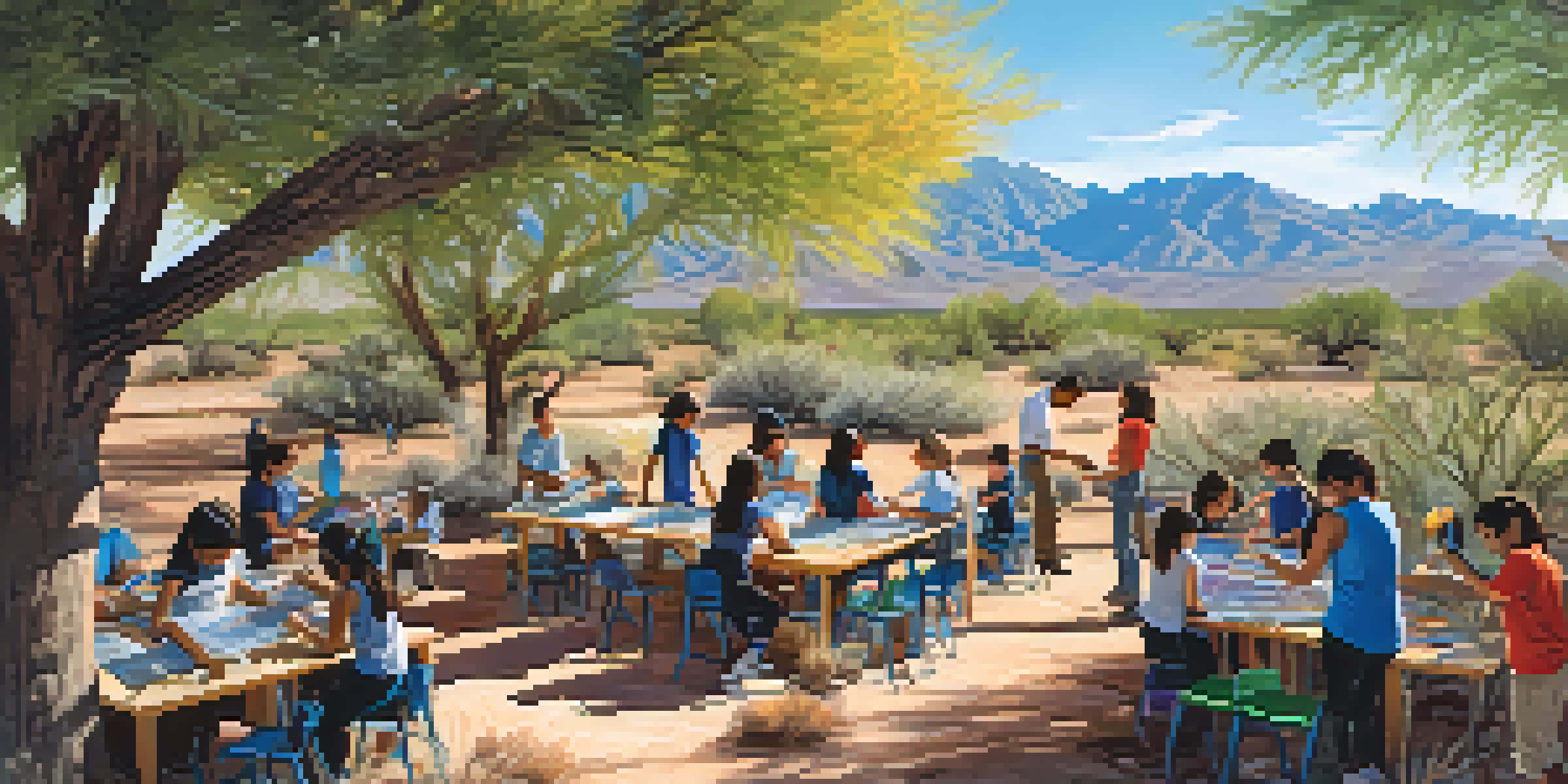 Students in an outdoor classroom in Tucson conducting a science experiment surrounded by colorful plants and a sunny desert landscape.