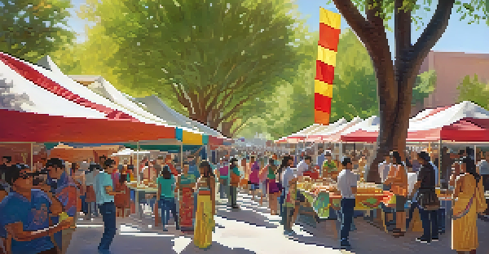 A lively cultural festival at the University of Arizona, featuring a diverse crowd, colorful decorations, and musicians performing under the trees.