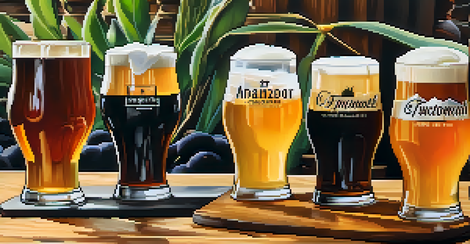 A close-up of a beer flight showcasing different craft beers on a wooden table in a brewery.