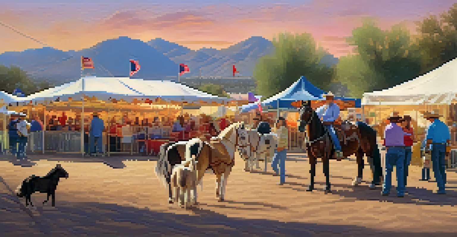 Families enjoying pony rides and a petting zoo at the Tucson Rodeo, with colorful tents and food stalls in the background.