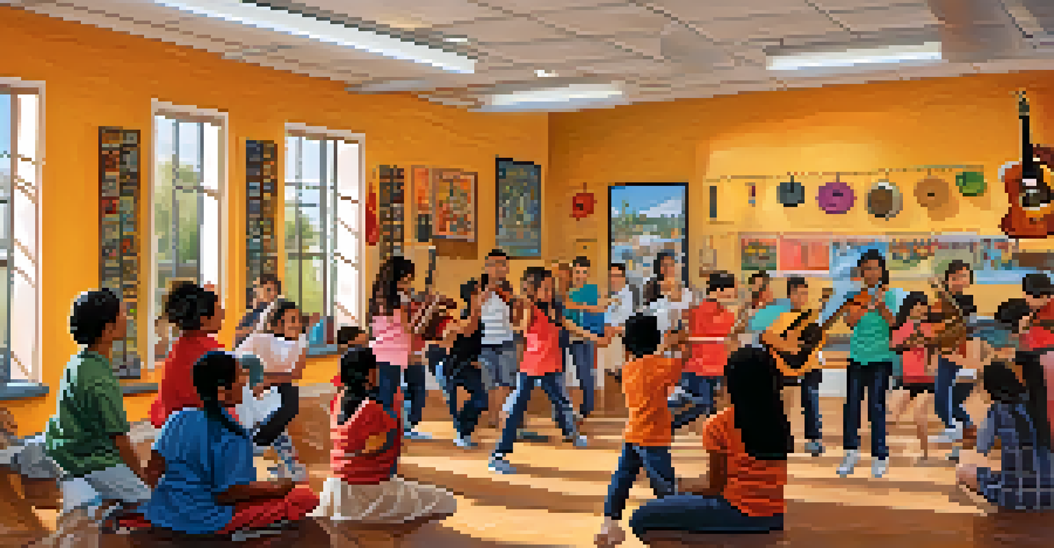 Students in a classroom participating in a music and dance workshop, playing instruments and practicing a traditional dance with cultural decorations around.