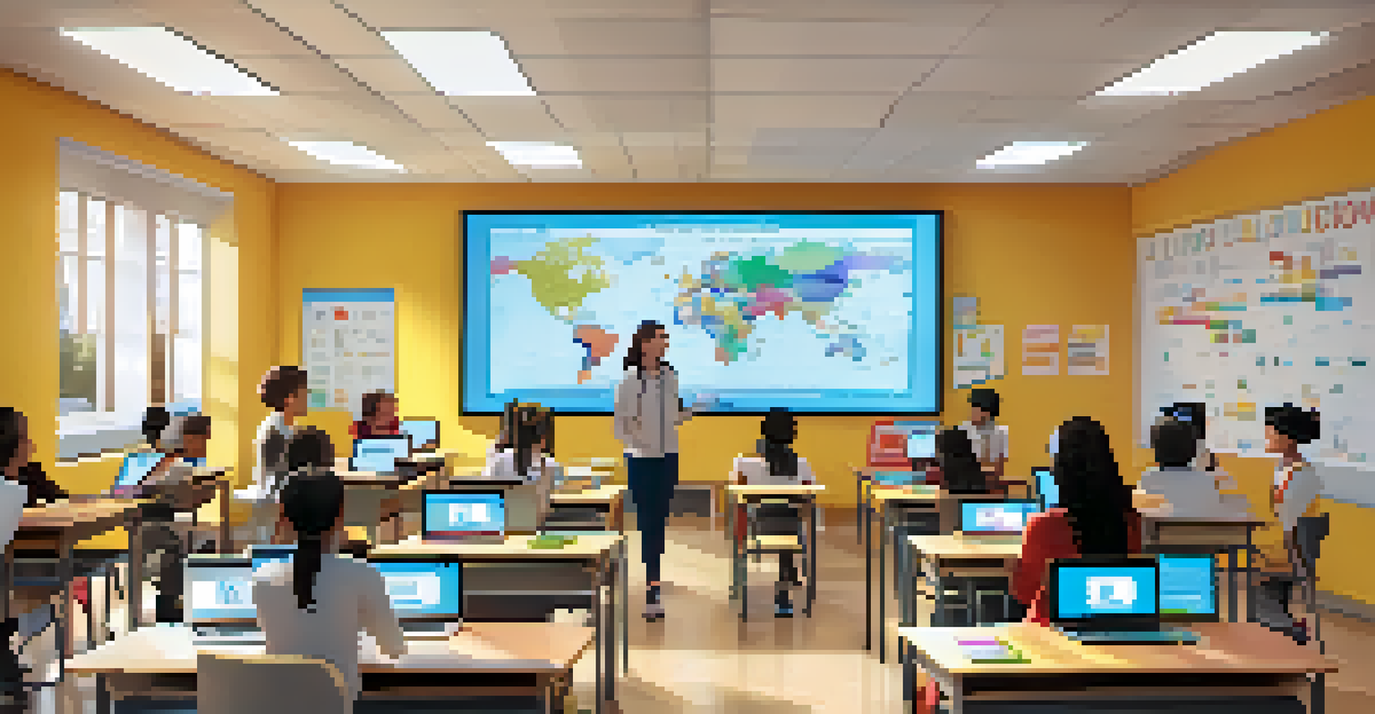 A modern classroom with students using laptops for a virtual learning session, guided by a teacher on a large screen.