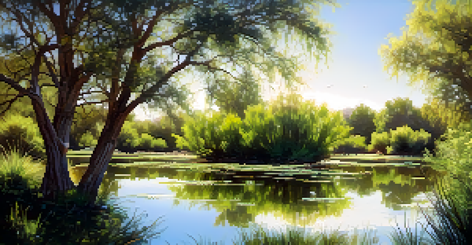 A peaceful wetland scene in Tucson with birds, ponds, and green vegetation, illuminated by sunlight.