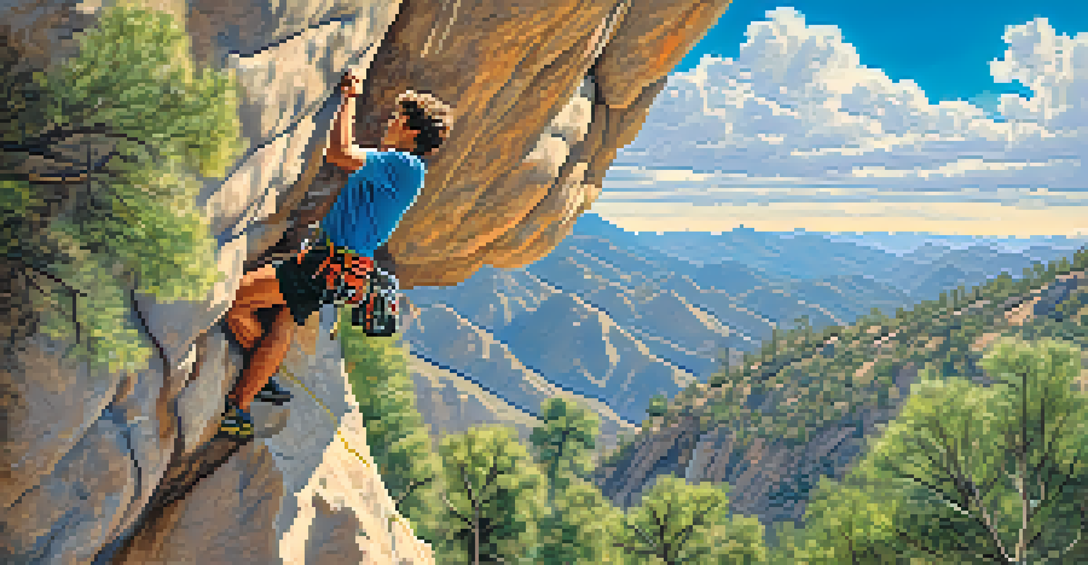 A climber on a rock face at Mount Lemmon, surrounded by trees and mountains with a blue sky and clouds above.