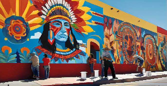 A colorful street mural in Tucson showing Native American and Mexican art styles, with artists in the foreground sketching.