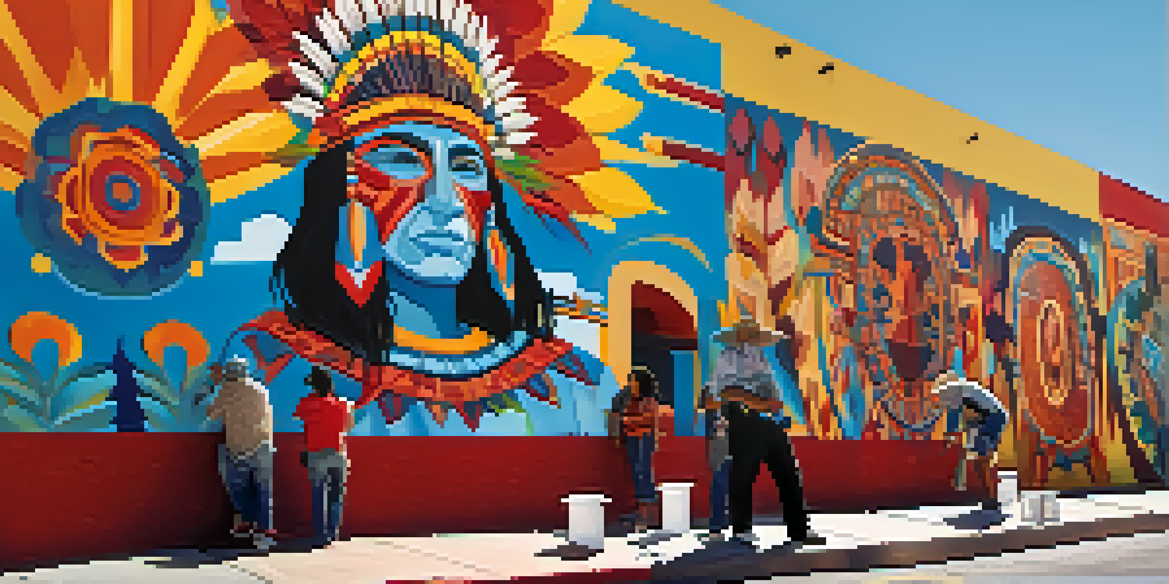 A colorful street mural in Tucson showing Native American and Mexican art styles, with artists in the foreground sketching.