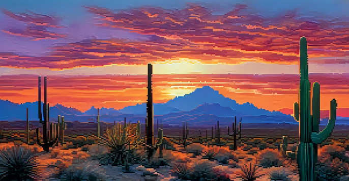 A beautiful sunset in the Sonoran Desert with silhouetted saguaro cacti and colorful sky.