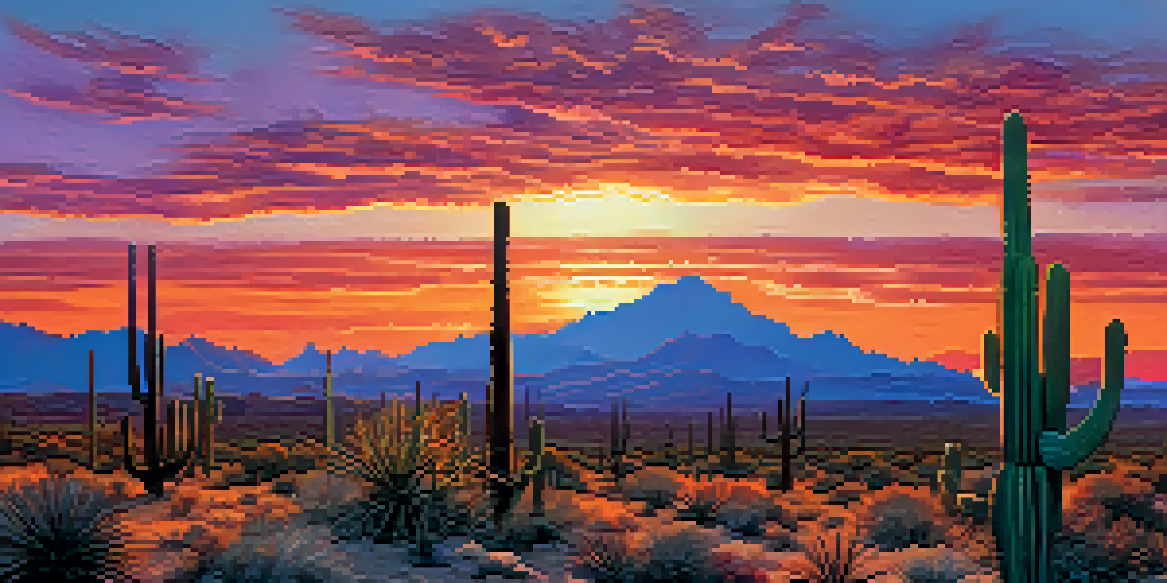 A beautiful sunset in the Sonoran Desert with silhouetted saguaro cacti and colorful sky.
