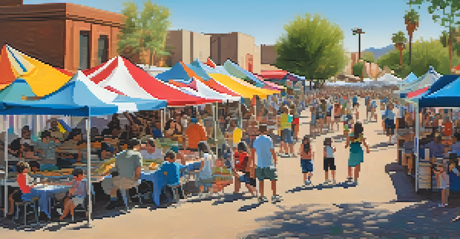 Families enjoying food and activities at a Tucson music festival, with colorful tents and a stage in the background.