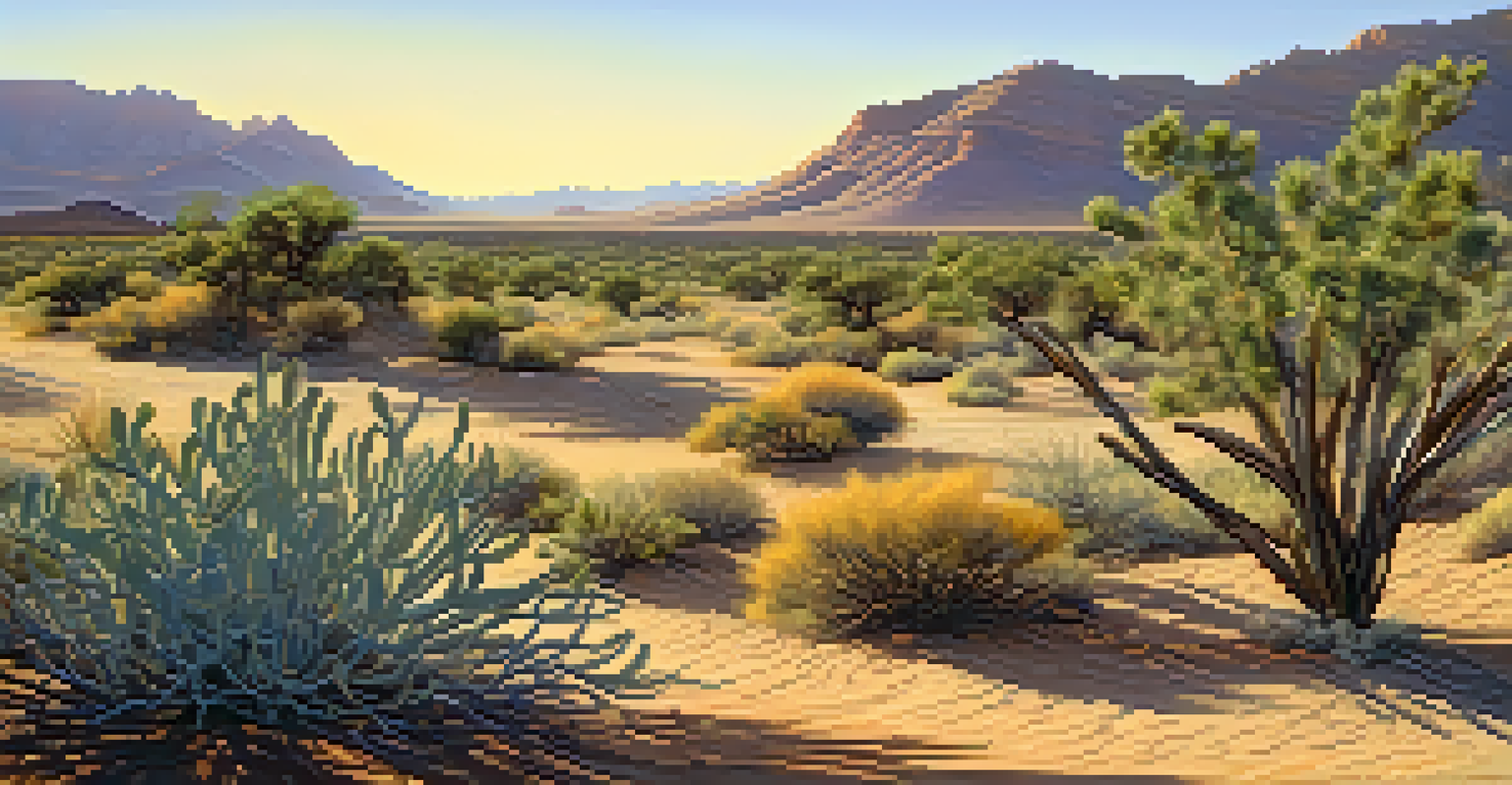 A panoramic view of drought-resistant shrubs in a desert landscape under warm sunlight.