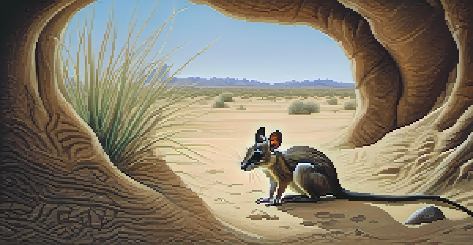 A kangaroo rat inside its burrow, with sandy walls and soft light illuminating the scene.
