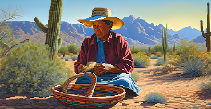 A Tohono O'odham basket weaver working on a colorful basket in a desert landscape, with mountains in the background and sunlight filtering through trees.