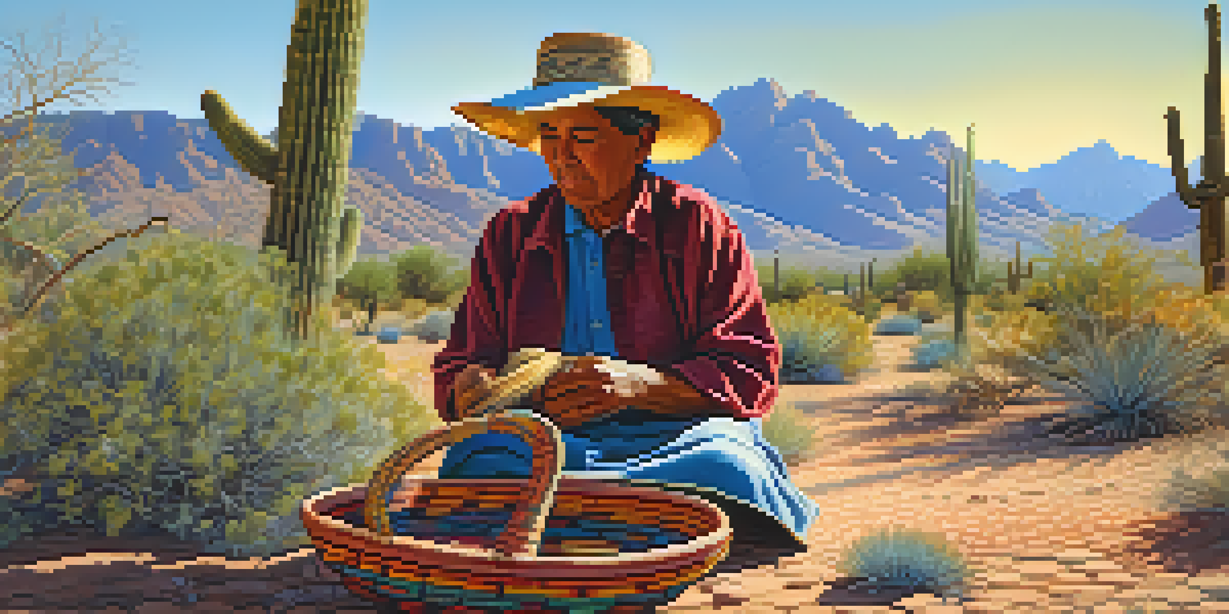 A Tohono O'odham basket weaver working on a colorful basket in a desert landscape, with mountains in the background and sunlight filtering through trees.