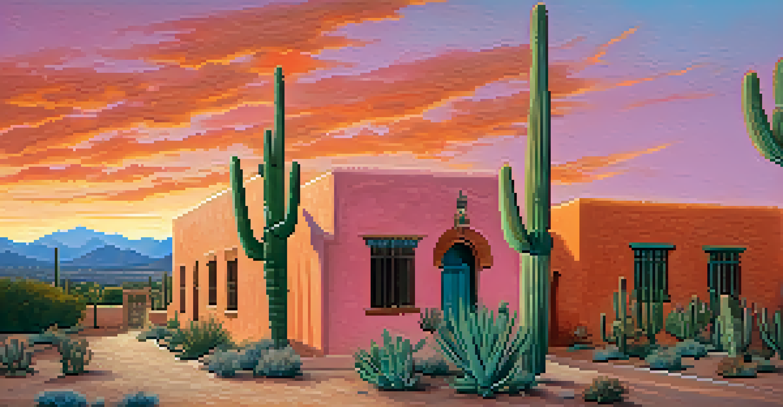 A scenic view of Tucson's historic buildings at sunset, with cacti in the foreground and a colorful sky.