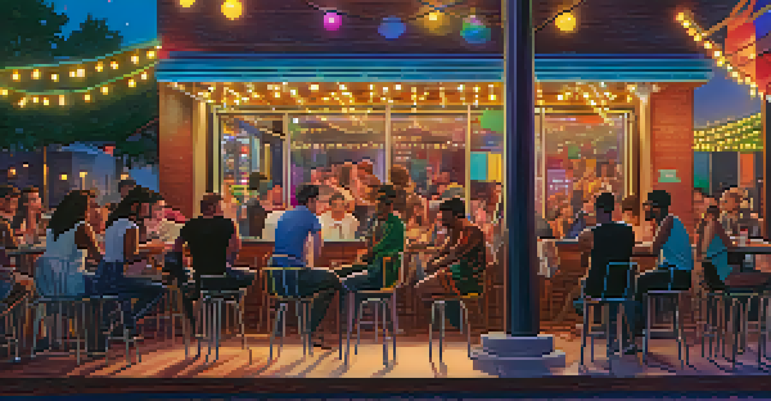 A modern LGBTQ+ bar with outdoor seating, colorful decorations, and diverse patrons engaging in conversation.