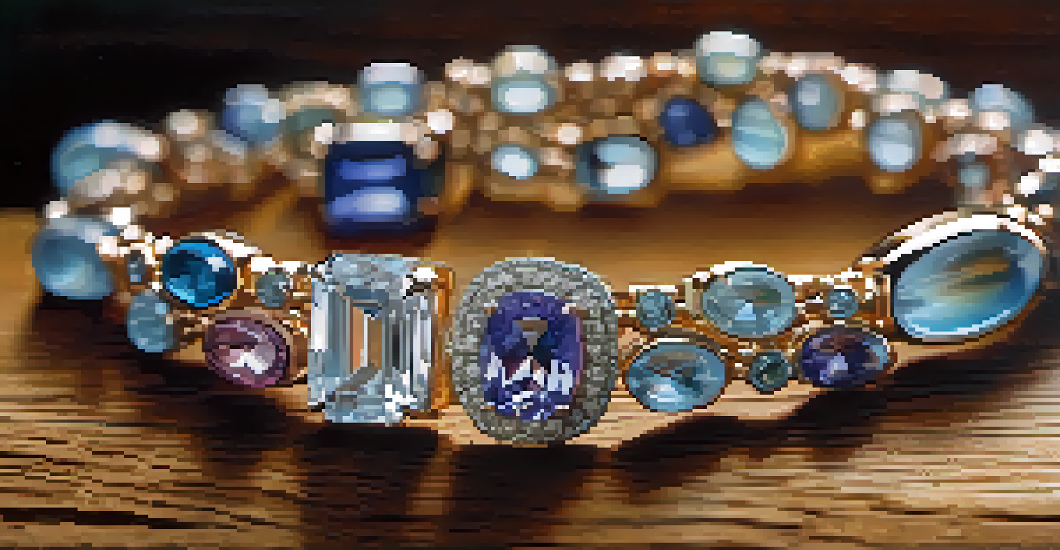 A close-up view of a handcrafted jewelry piece made from natural gemstones on a wooden table, showcasing intricate designs and sparkling colors.