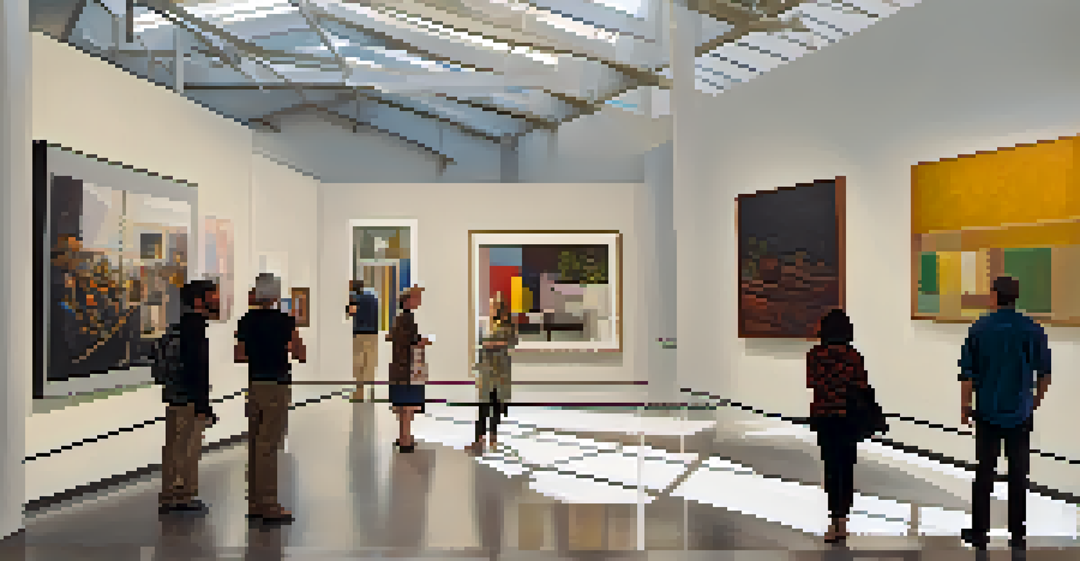 Inside the Tucson Museum of Art, people admire contemporary artworks displayed under bright spotlights in a modern gallery.