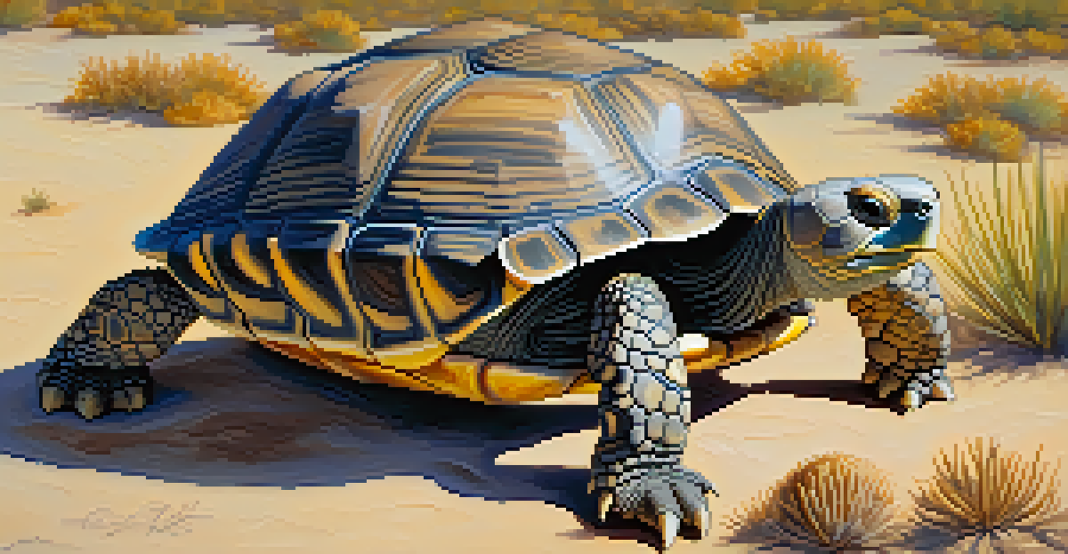 A close-up of a Sonoran desert tortoise in a desert setting, emphasizing its textured shell and wise expression.