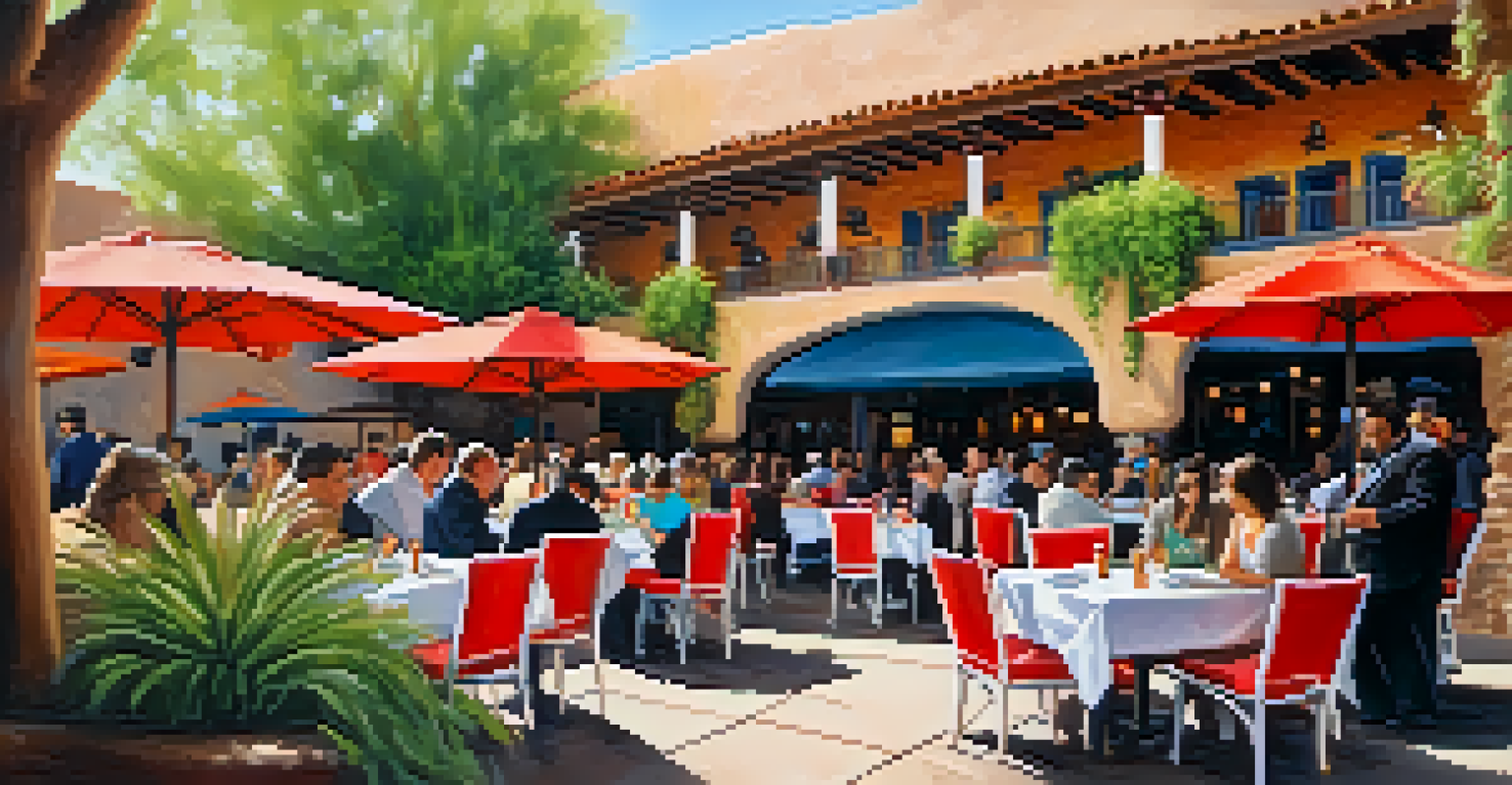 Outdoor patio dining scene at El Charro Cafe with colorful umbrellas and guests enjoying food while musicians play.