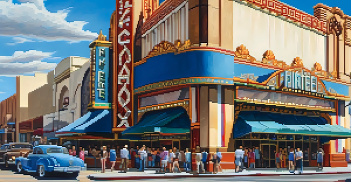 An exterior view of the Fox Theatre in Tucson, highlighting its Art Deco design and colorful marquee, with people in the foreground.