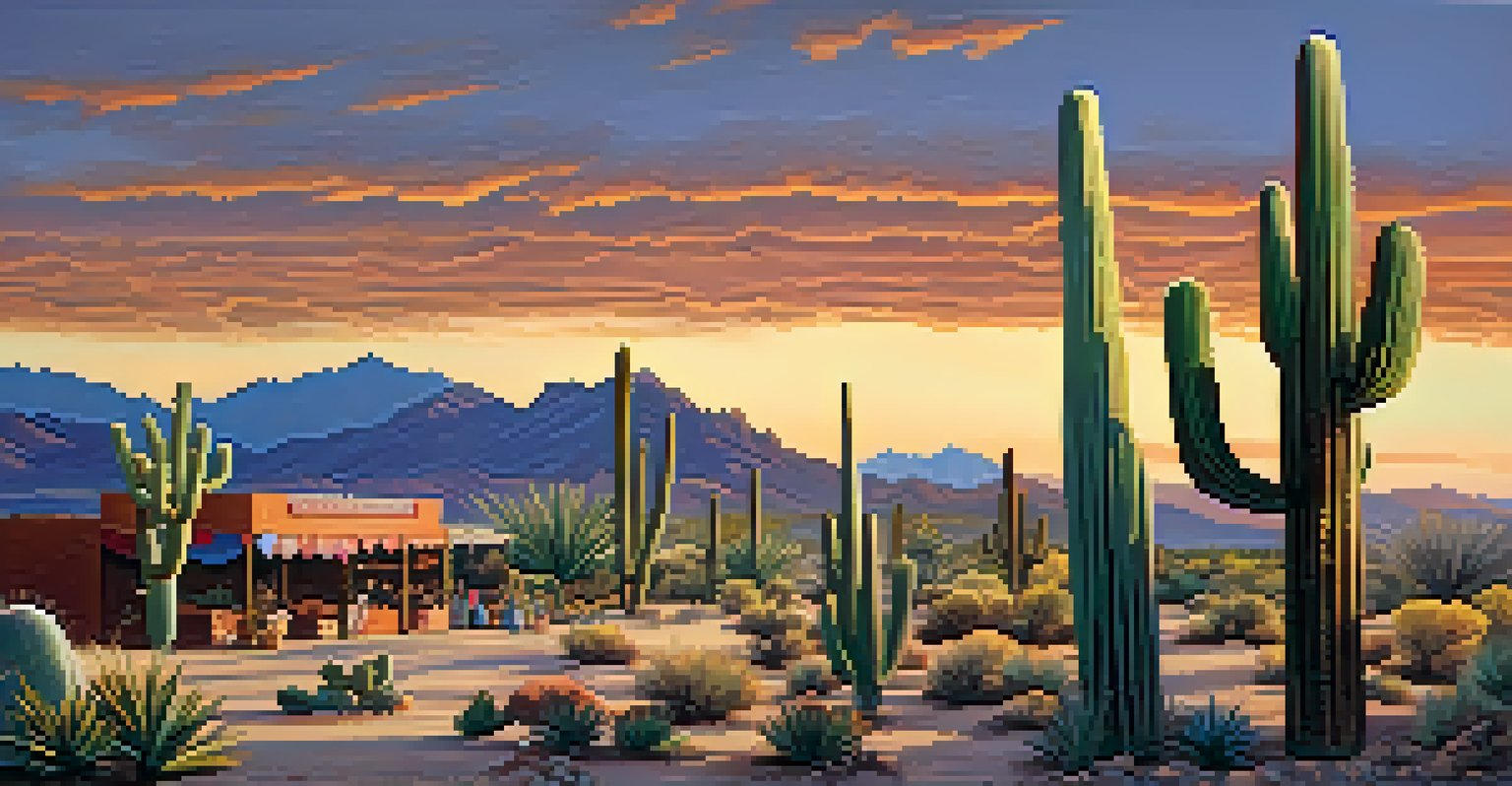 A sunset landscape of Tucson featuring cacti, mountains, and a traditional Mexican market with colorful textiles and pottery.