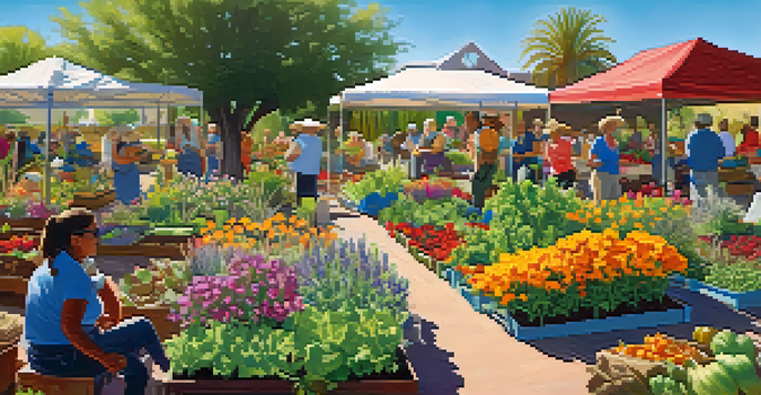 A community garden with residents gardening, featuring colorful flowers and vegetables under a bright sky.