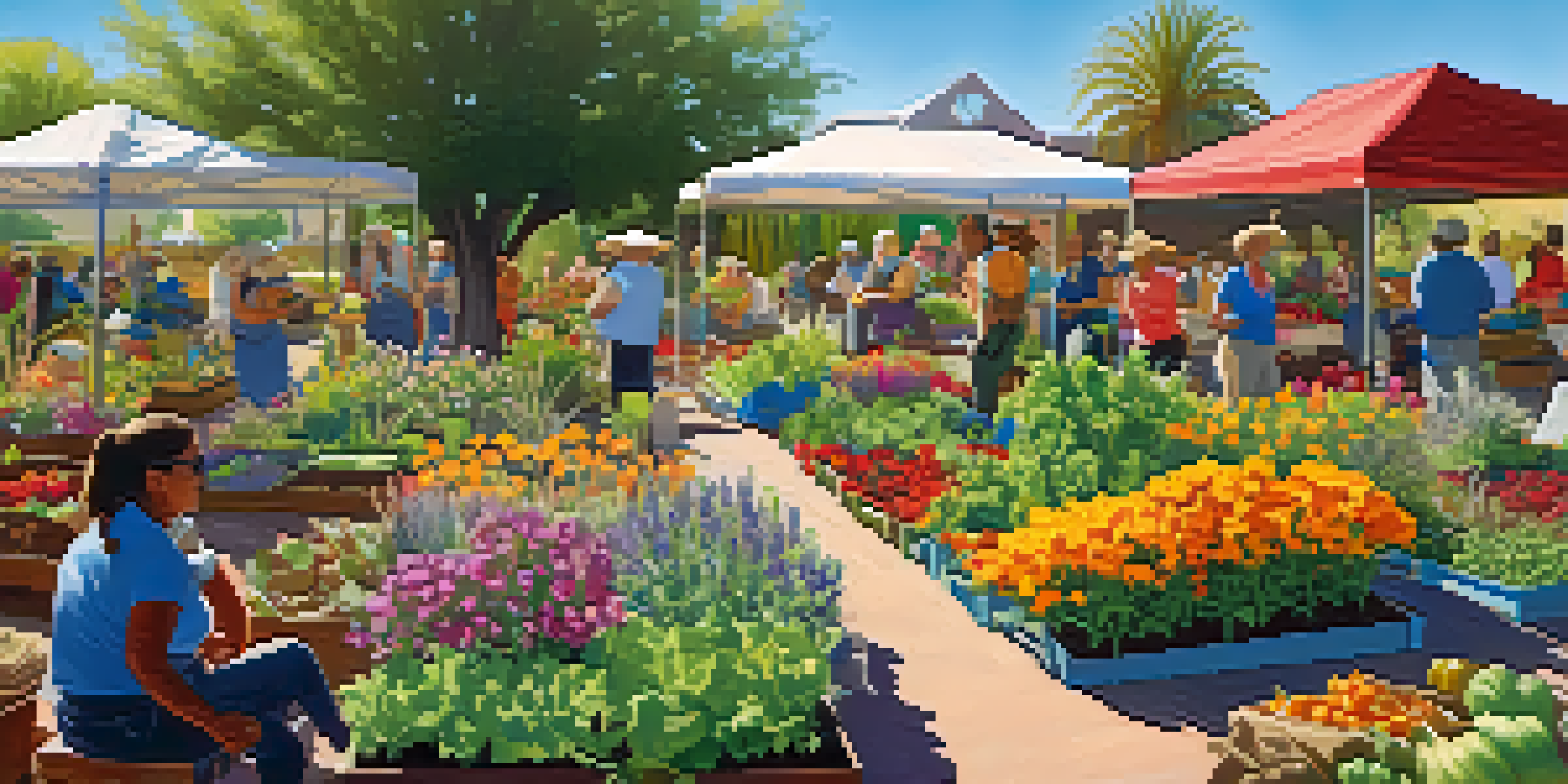 A community garden with residents gardening, featuring colorful flowers and vegetables under a bright sky.
