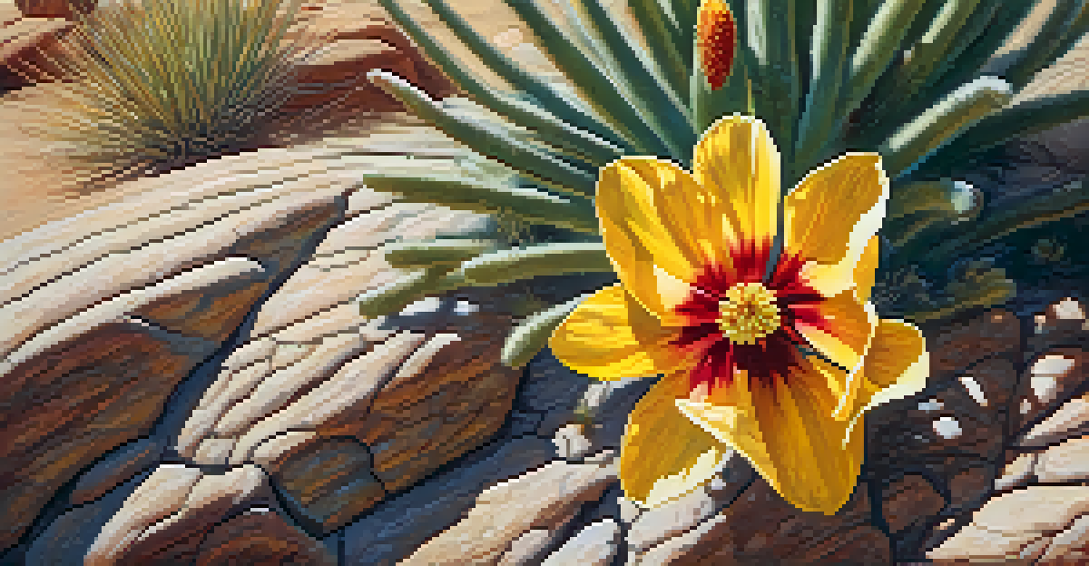 A colorful blooming desert flower against a textured background of desert soil and rocks.