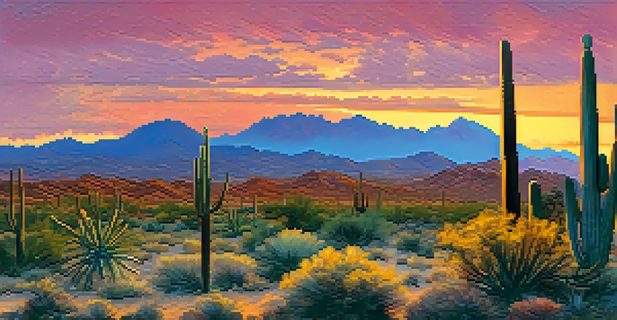 A panoramic view of the Sonoran Desert at sunset with silhouetted saguaro cacti and vibrant sky colors.