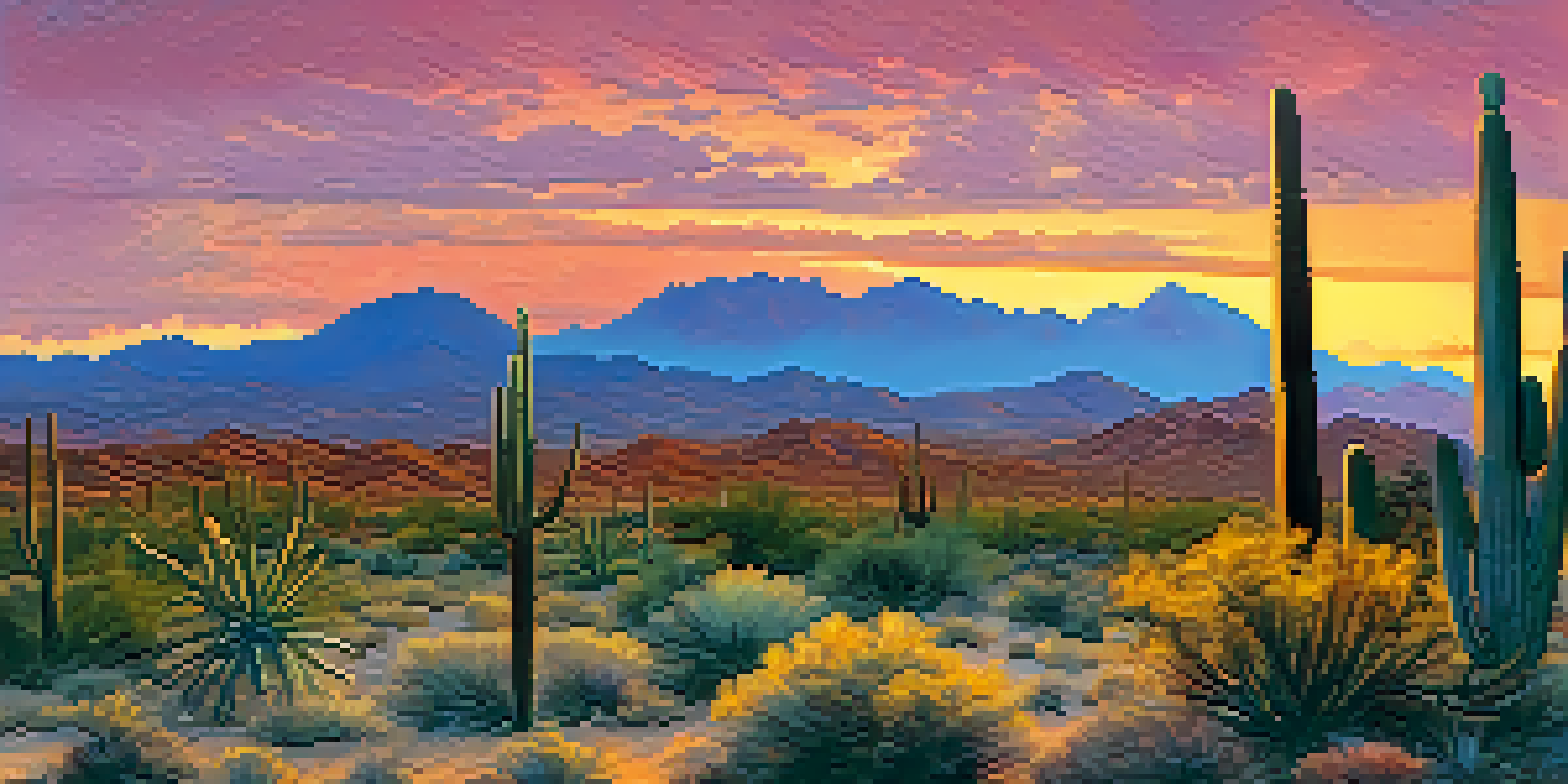 A panoramic view of the Sonoran Desert at sunset with silhouetted saguaro cacti and vibrant sky colors.