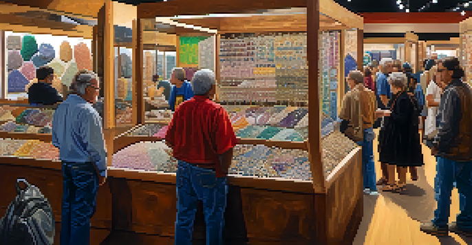A lively indoor venue featuring colorful gemstones and minerals with attendees exploring various displays at the Tucson Gem and Mineral Show.