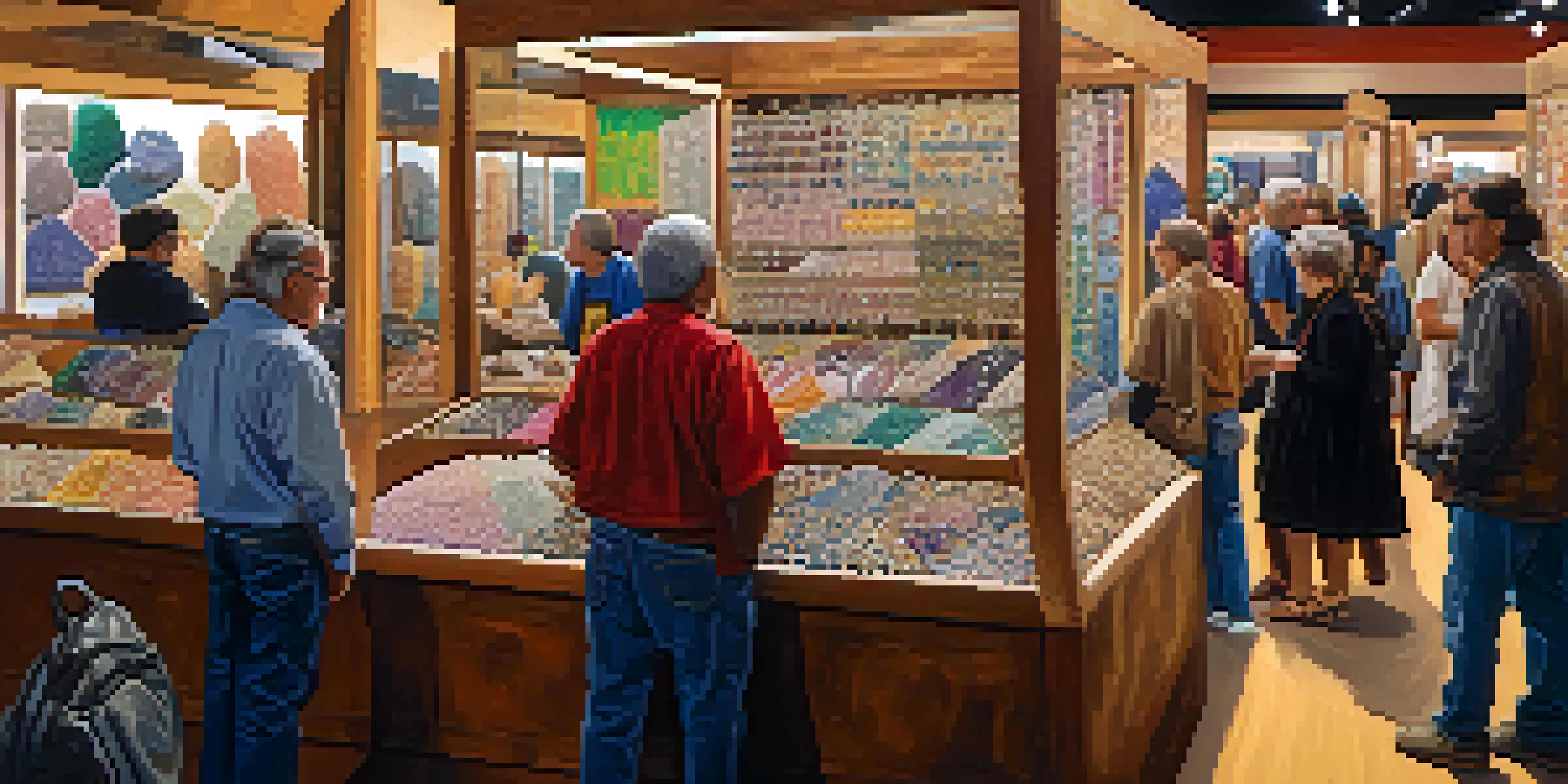 A lively indoor venue featuring colorful gemstones and minerals with attendees exploring various displays at the Tucson Gem and Mineral Show.