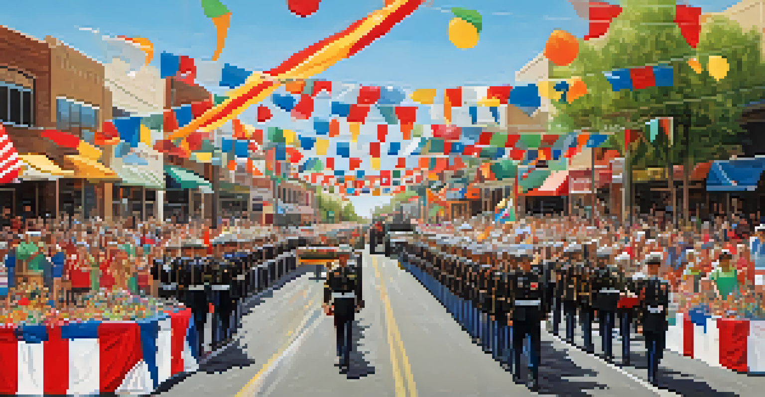 A community parade in Tucson with military families and locals celebrating, featuring colorful floats and a sunny day.