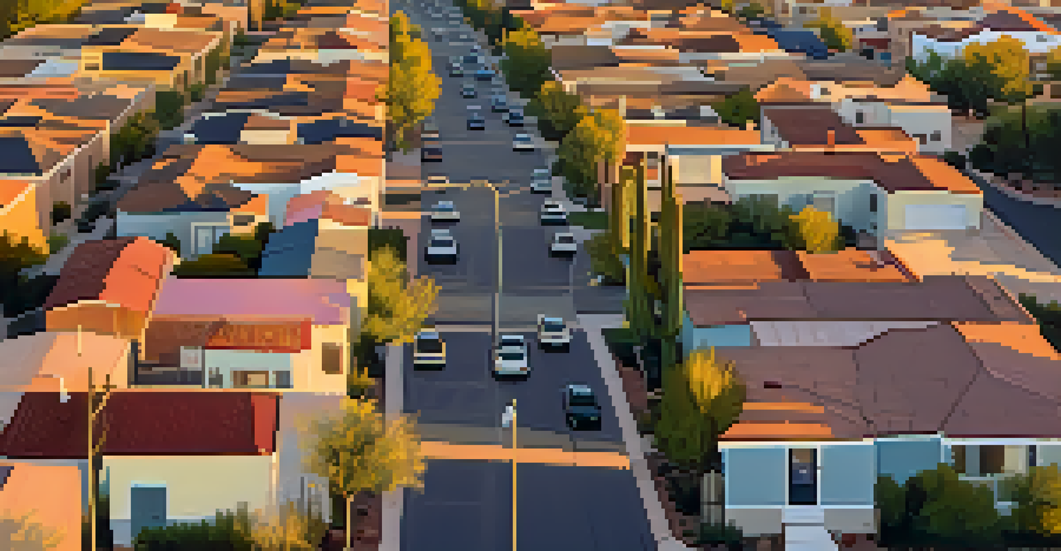 An aerial view of a Tucson neighborhood with surveillance cameras and residents using smartphones for a neighborhood watch app, during the golden hour.