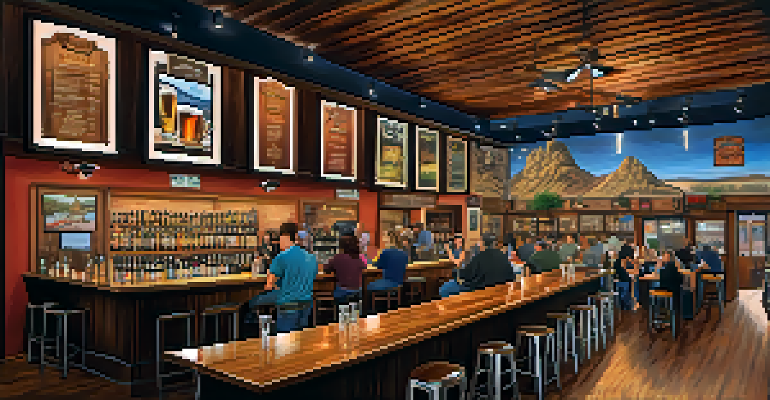 A cozy indoor brewery in Tucson with a bar, local artwork, and patrons enjoying craft beer flights.