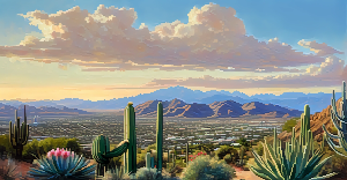A wide view of Tucson with the city in the valley surrounded by mountains, featuring desert plants and a bright sky.