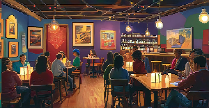 A warm and inviting café setting during an open mic night, showcasing diverse performers and an engaged audience.